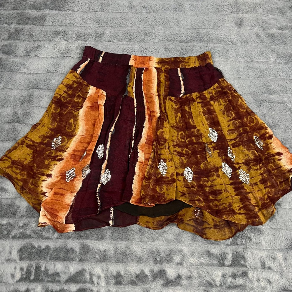 Zara Womens Tie Dye Sequin Mini Skirt Burgundy Orange Boho Festival Size S